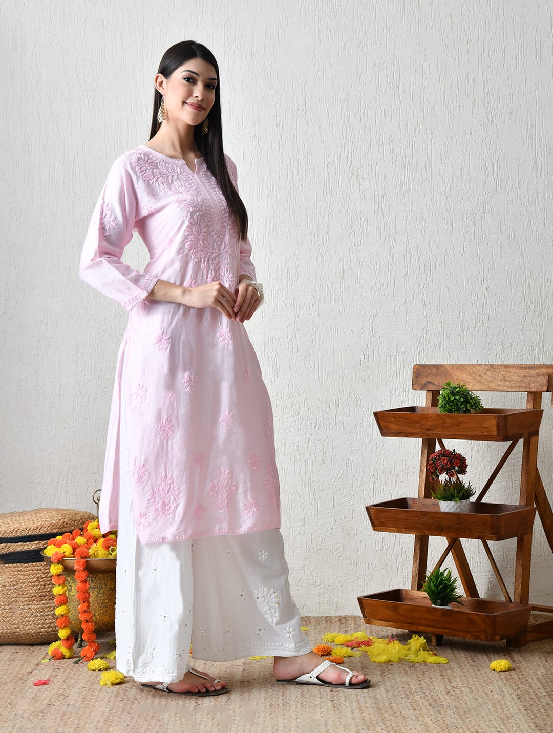 Blush Blossom Hand-Embroidered Chikankari Kurta Set
