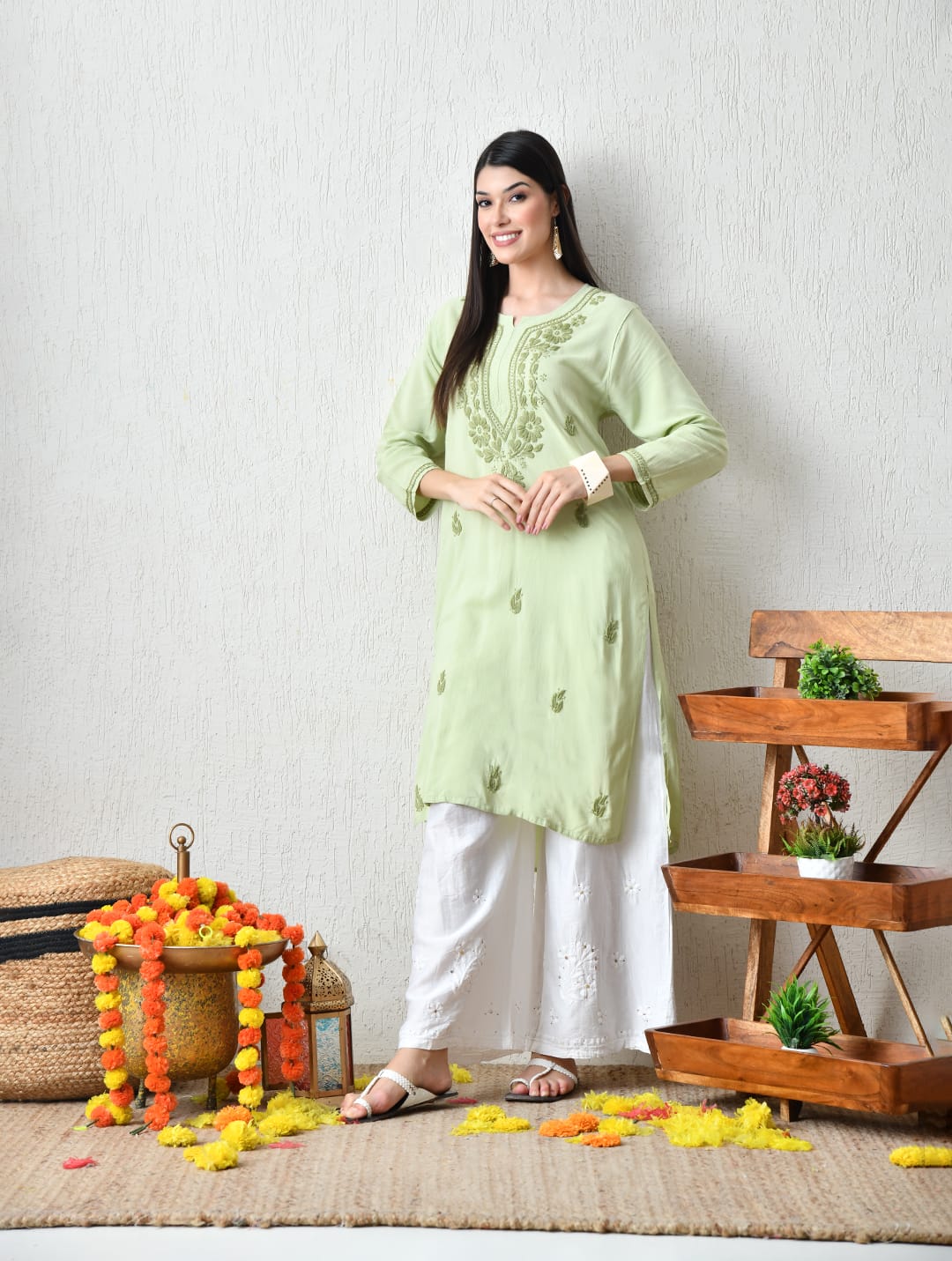 Midnight Green & Ochre Zig-Zag Chikankari Kurta Set