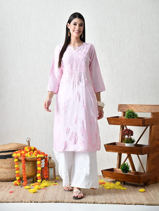 Blush Blossom Hand-Embroidered Chikankari Kurta Set