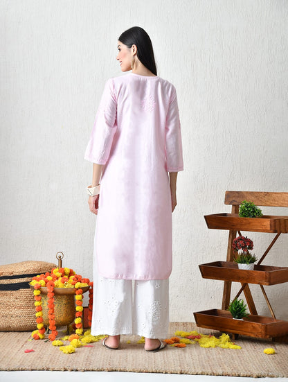 Blush Blossom Hand-Embroidered Chikankari Kurta Set