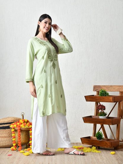 Midnight Green & Ochre Zig-Zag Chikankari Kurta Set
