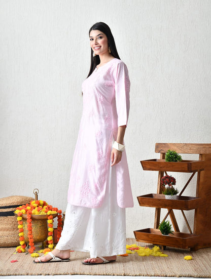 Blush Blossom Hand-Embroidered Chikankari Kurta Set