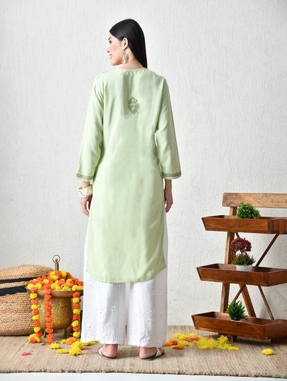 Midnight Green & Ochre Zig-Zag Chikankari Kurta Set