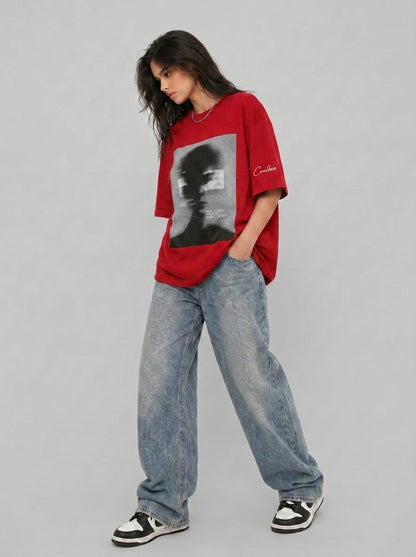 Cool Bee Blurred Vision Tee Red for Women - Oversized Graphic Tee Streetwear India - Detail View