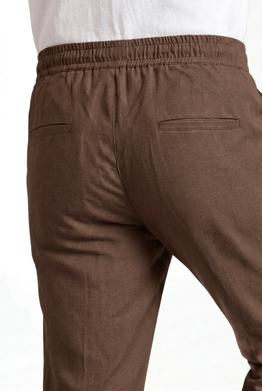 Cool Bee Linen Travel Pants Brown for Men - Brown Linen Travel Pants Lightweight India - Lifestyle View