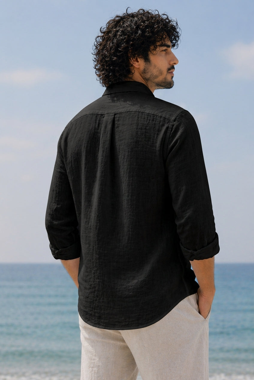 Cool Bee Linen Casual Shirt Black for Men - Black Linen Casual Shirt Breathable India - Detail View