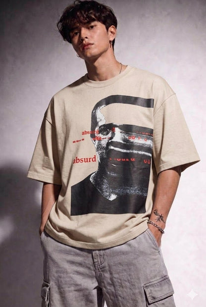 Cool Bee Glitch Portrait Tee Beige for Men - Beige Oversized Graphic Tee Streetwear India