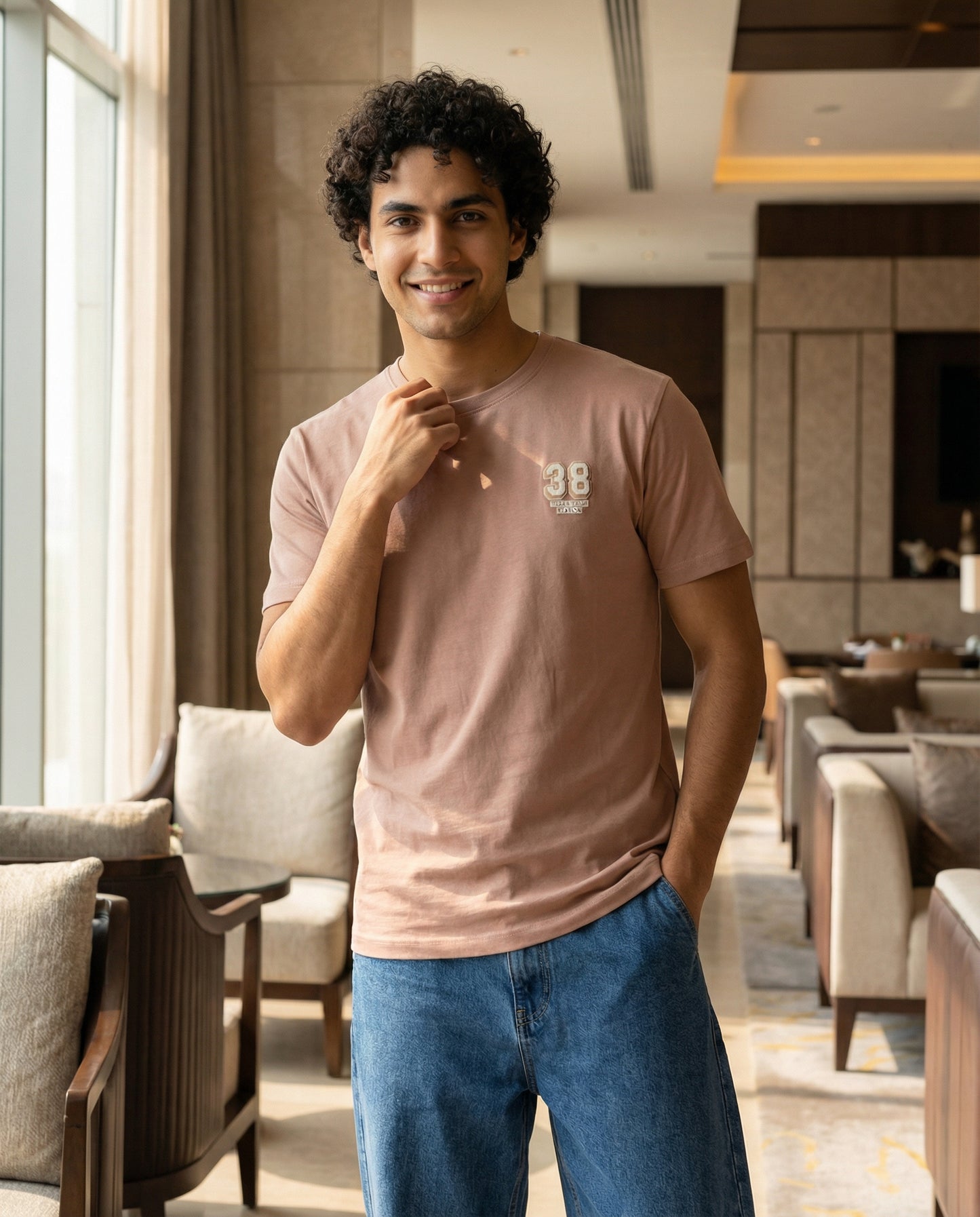 Cool Bee Essential Cotton Crew Neck T-Shirt Beige for Men - Beige Graphic Tee India - Lifestyle View