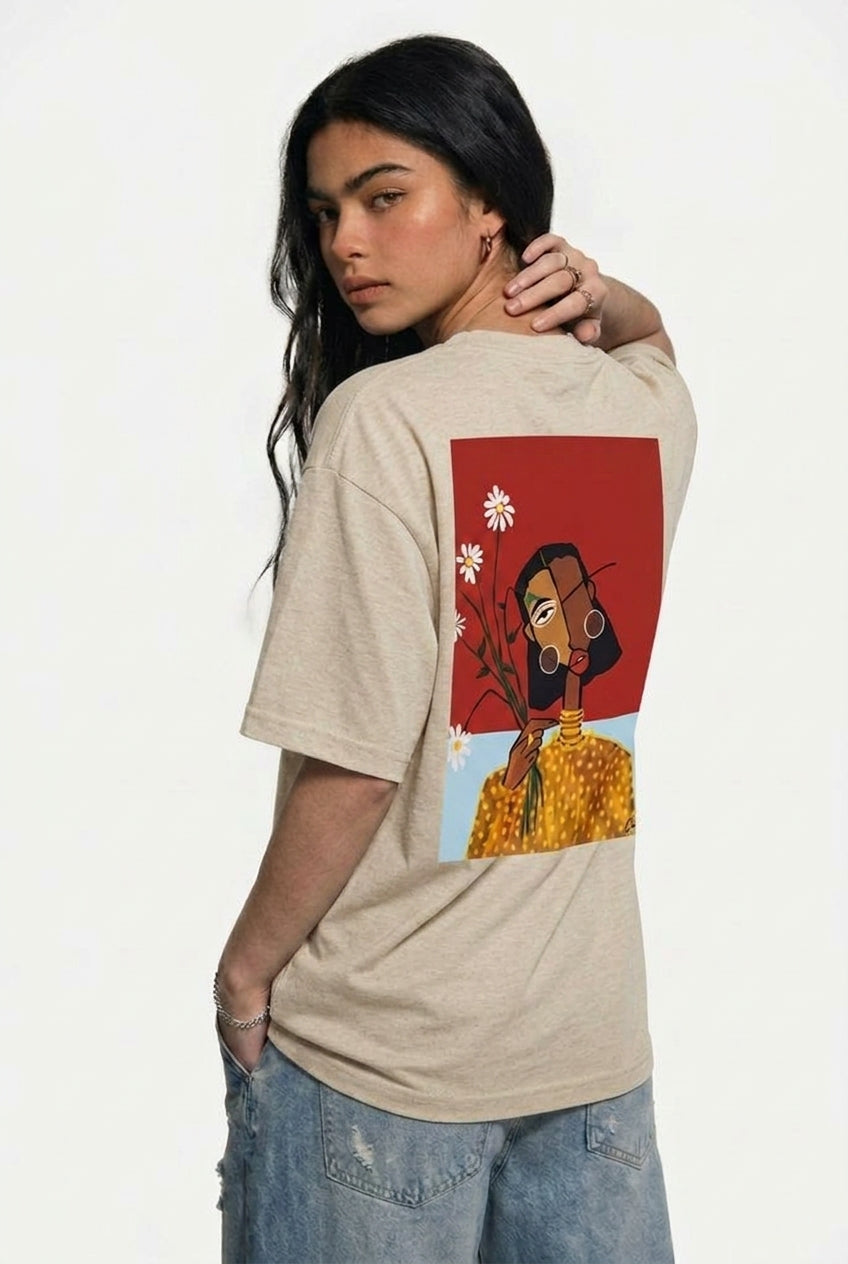 Cool Bee Cubist Bloom Oversize Tee Beige for Women - Beige Oversized Graphic Tee Streetwear India