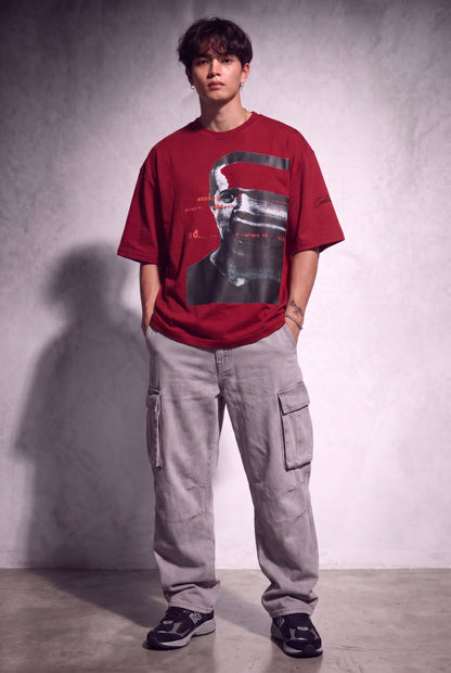 Cool Bee Glitch Portrait Tee Red for Men - Red Oversized Graphic Tee Streetwear India - Lifestyle View