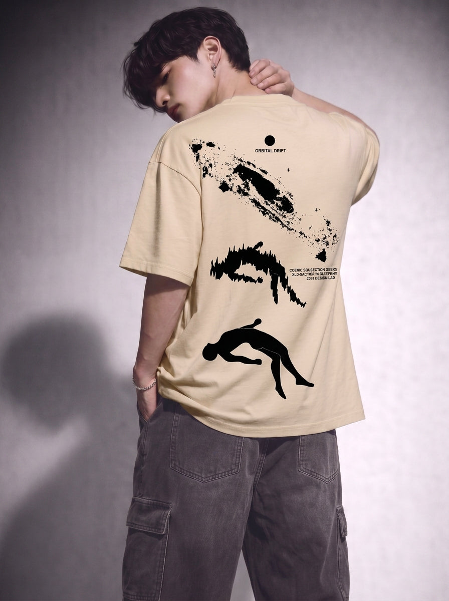 Cool Bee Orbital Drift Tee Beige for Men - Beige Oversized Graphic Tee Streetwear India - Detail View