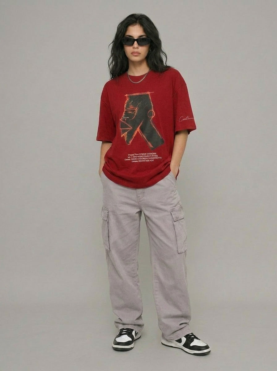 Cool Bee Urban Nomad Tee Red for Women - Oversized Graphic Tee Streetwear India - Lifestyle View