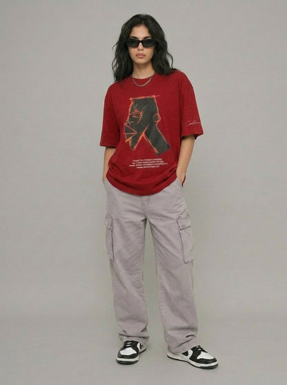 Cool Bee Urban Nomad Tee Red for Women - Oversized Graphic Tee Streetwear India - Lifestyle View