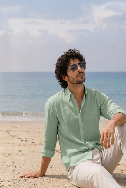 Cool Bee Linen Casual Shirt Sage Green for Men - Linen Casual Shirt Breathable India - Lifestyle View
