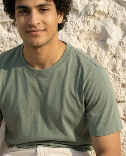 Cool Bee Essential Cotton Crew Neck T-Shirt Light Green for Men - Light Green Regular Fit Tee India - Lifestyle View