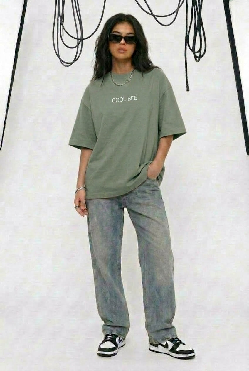 Cool Bee Silent Muse Tee Green for Women - Oversized Graphic Tee Streetwear India - Lifestyle View