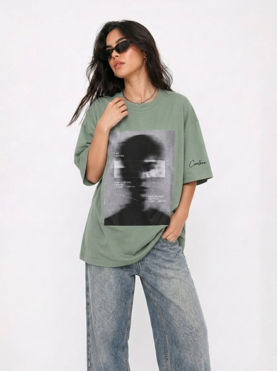 Cool Bee Blurred Vision Tee Green for Women - Green Oversized Graphic Tee Streetwear India