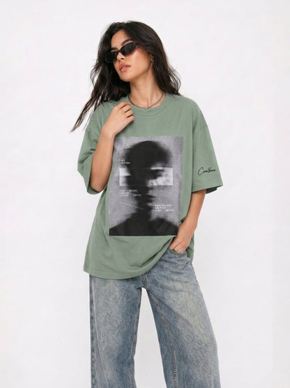 Cool Bee Blurred Vision Tee Green for Women - Green Oversized Graphic Tee Streetwear India