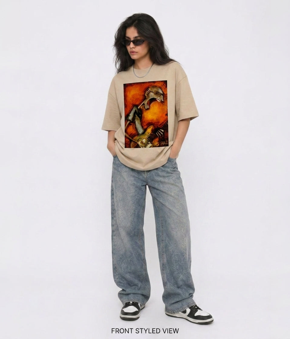Cool Bee Canvas Chords Tee Beige for Women - Oversized Graphic Tee Streetwear India - Lifestyle View