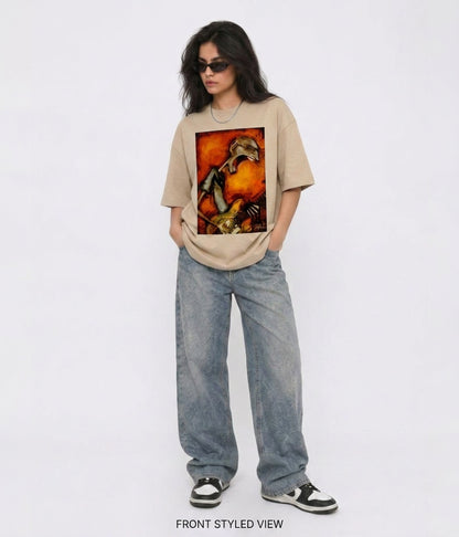 Cool Bee Canvas Chords Tee Beige for Women - Oversized Graphic Tee Streetwear India - Lifestyle View