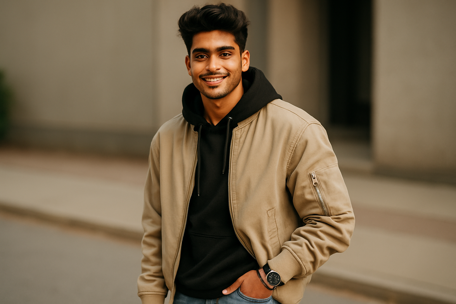 A very attractive and western look having indian features very smart boy in his 20s depicting college boys with ambition in his eyes and sparkle on his face with trending clothing design and epitome of gen Z boys fashion 