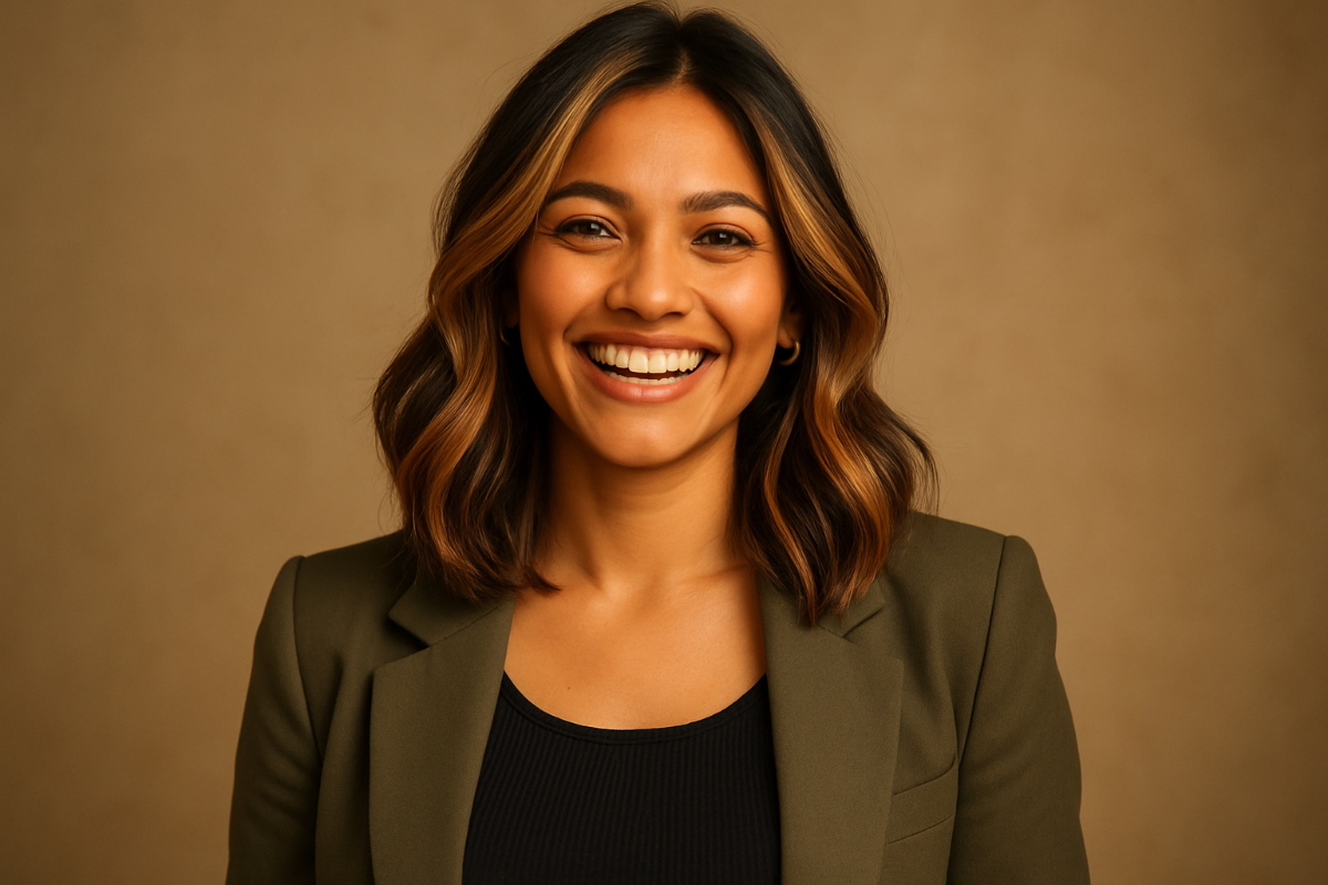A very happy highlighted hair indian girl with very good fashion sense and western facial features photo upper half of body with very happy face