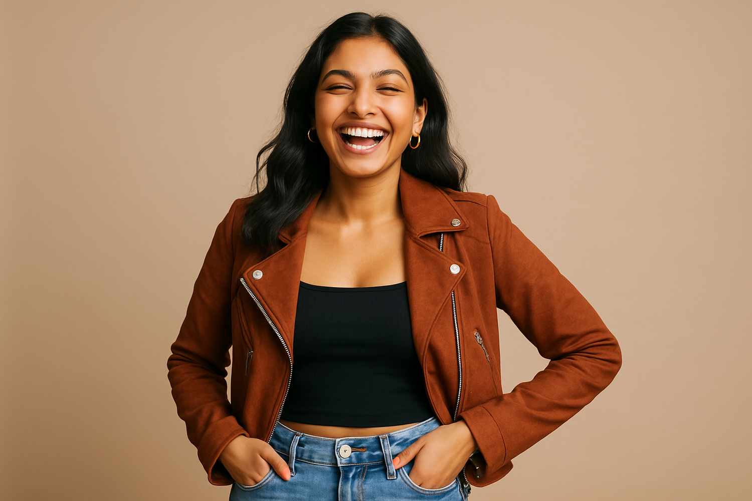 A very happy neo modern indian girl with a very sweet smile and a very happy face defining western looks and fashion