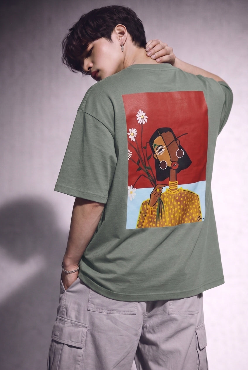Cool Bee Cubist Bloom Oversize Tee Green for Men - Green Oversized Graphic Tee Streetwear India