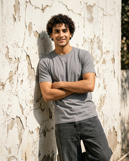 Cool Bee Essential Cotton Crew Neck T-Shirt Stone Gray for Men - Stone Graphic Tee India