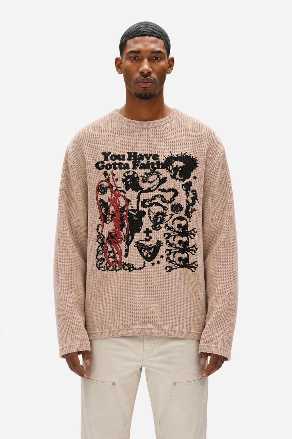 Coolbee Store Sacred Chaos Waffle Tee Beige – front view
