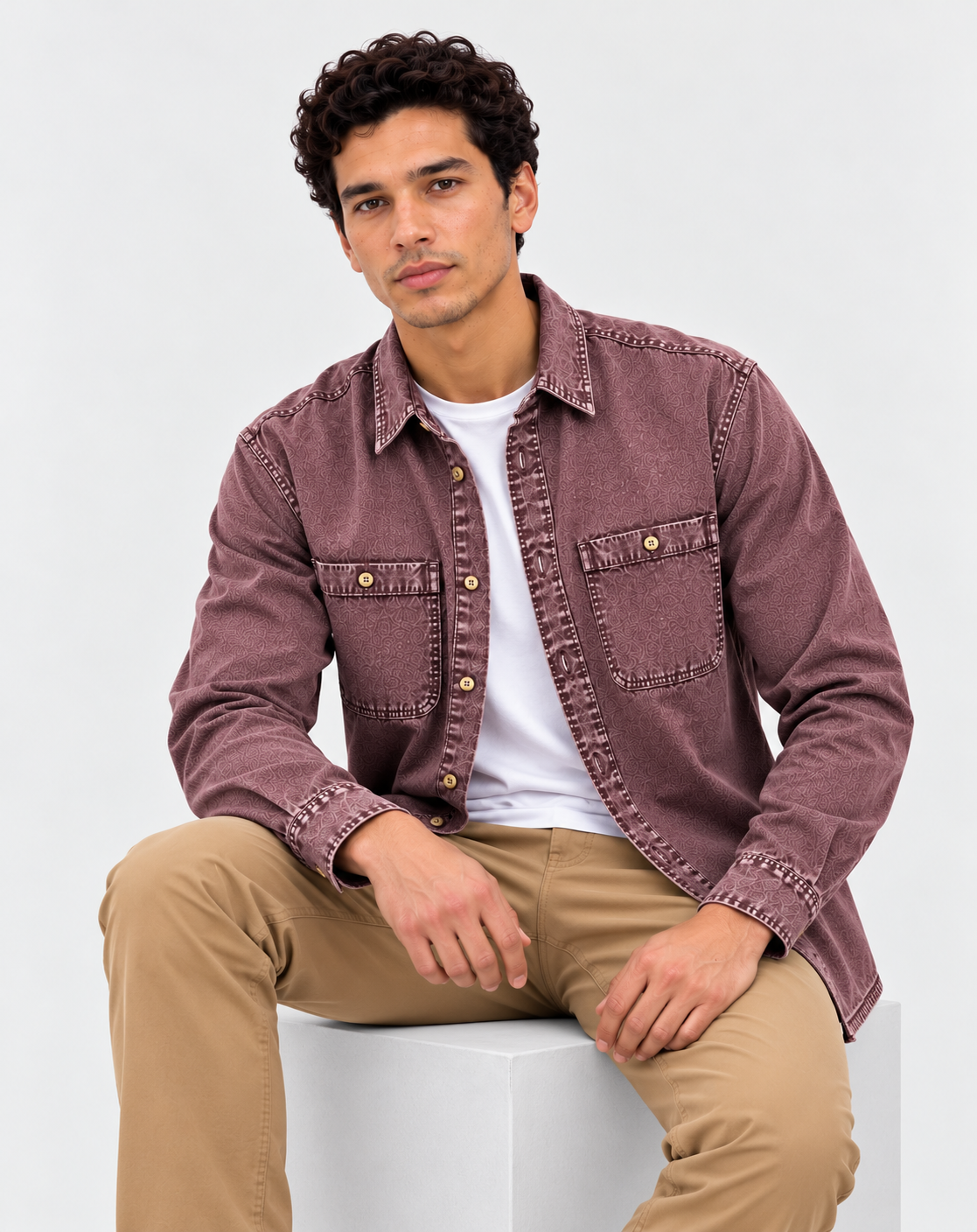 Cool Bee Mauve Wine Denim Washed Shirt – model seated, mauve wine denim shirt layered over white tee