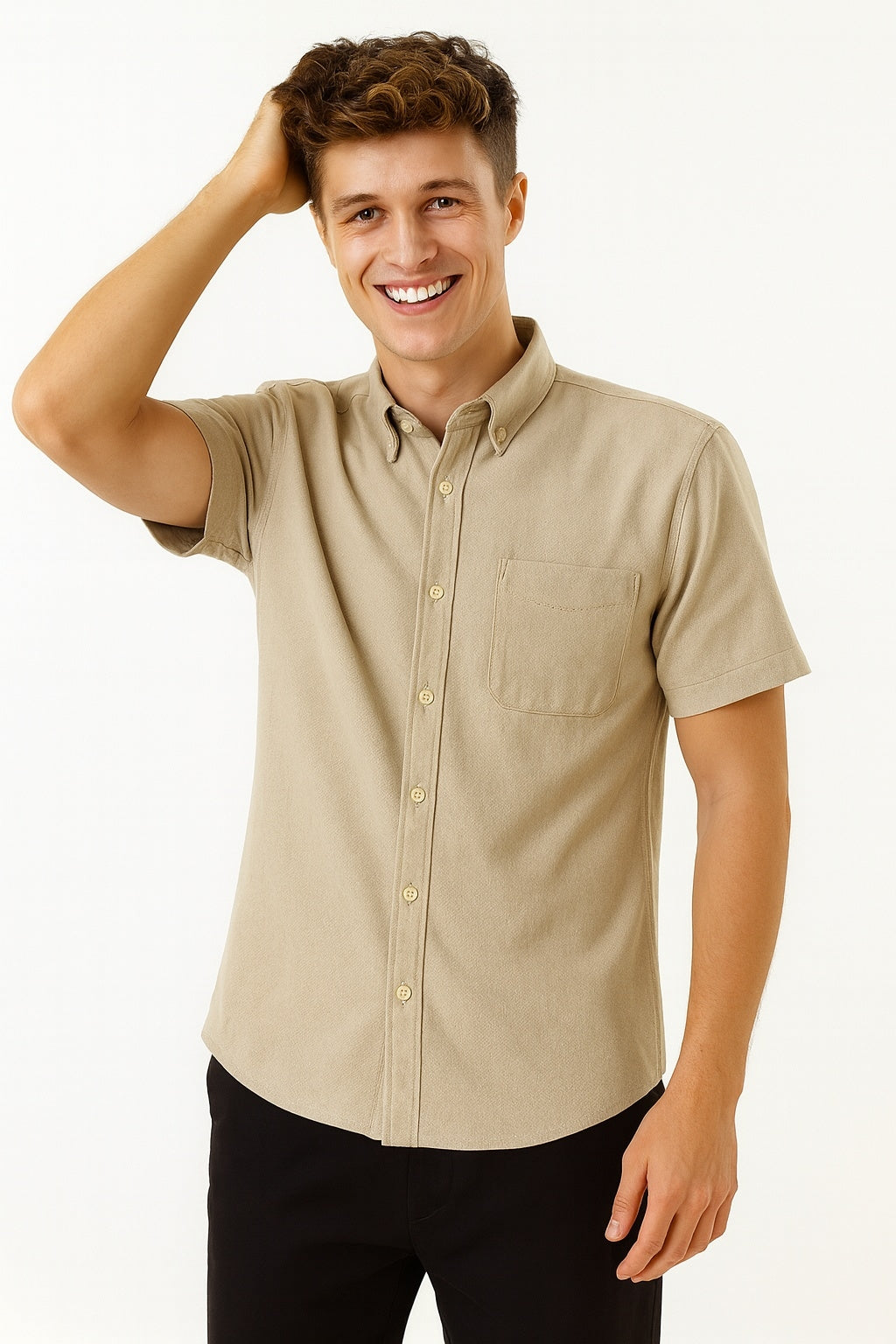 Cool Bee Premium Oxford Casual Half Shirt Beige for Men - Beige Premium Half Sleeve Oxford Shirt India - Lifestyle View
