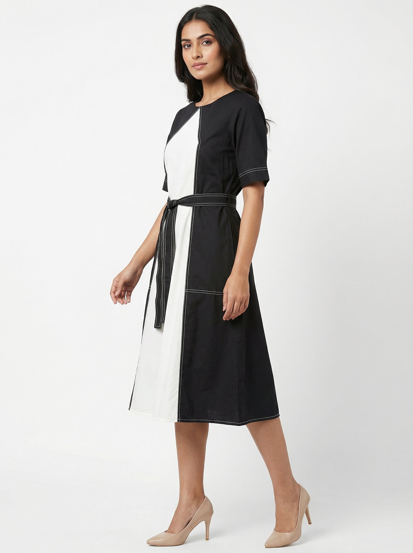 Monochrome Contrast-Panel Midi Dress Light Grey-White | Cool Bee