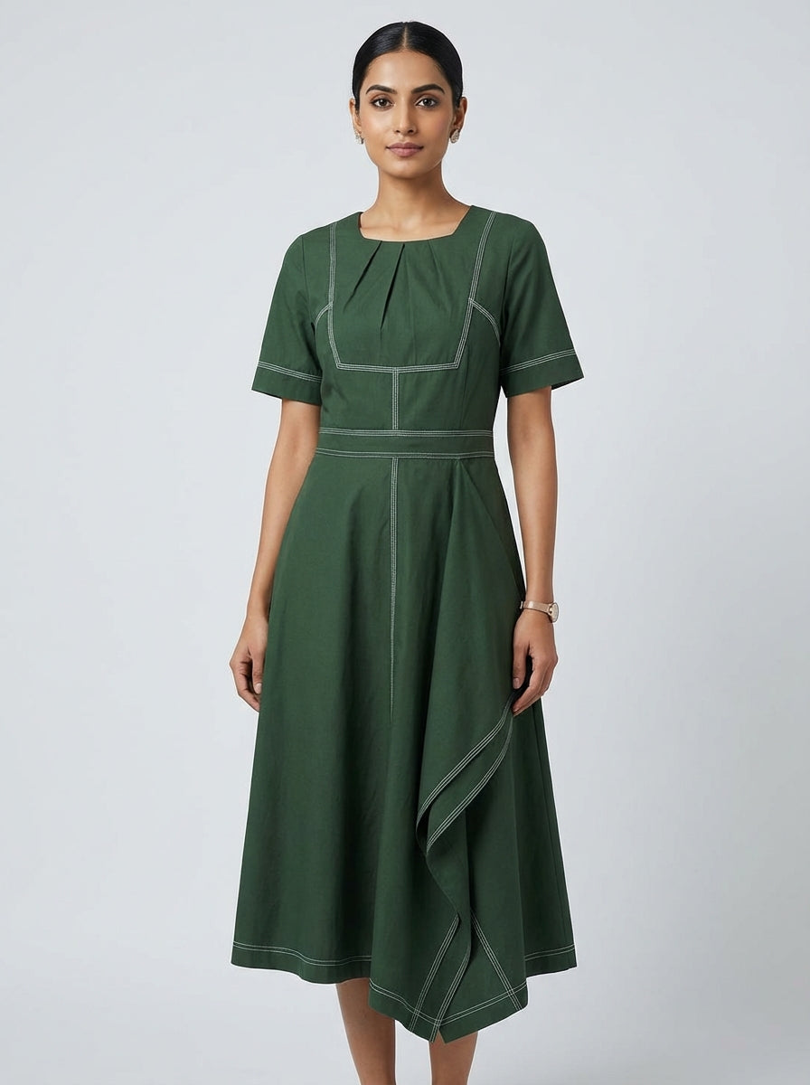Sculptural Contrast Midi Dress – Olive Green | Cool Bee