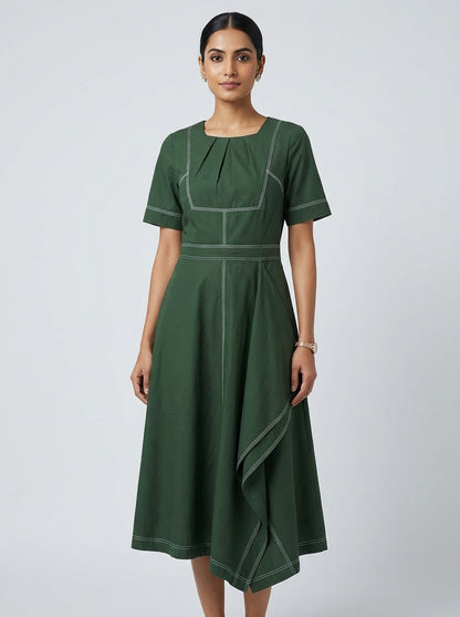 Sculptural Contrast Midi Dress – Olive Green | Cool Bee