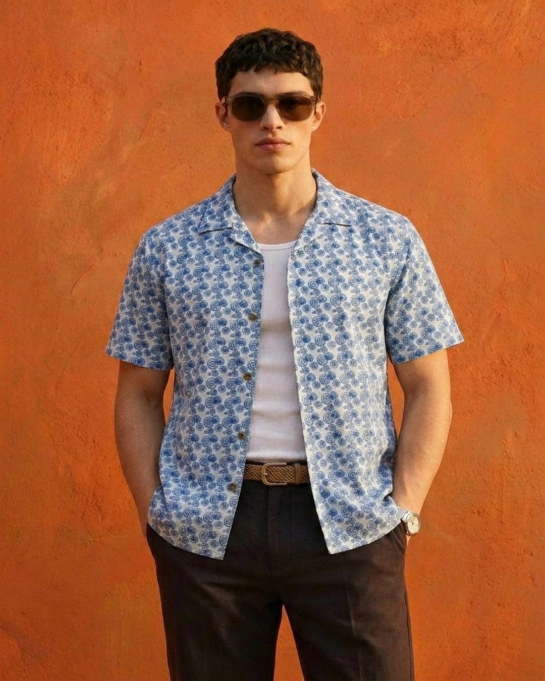 Cool Bee Blue Mosaic Shirt for Men - Premium Mercerised Cotton Spread Collar Shirt India - Front View