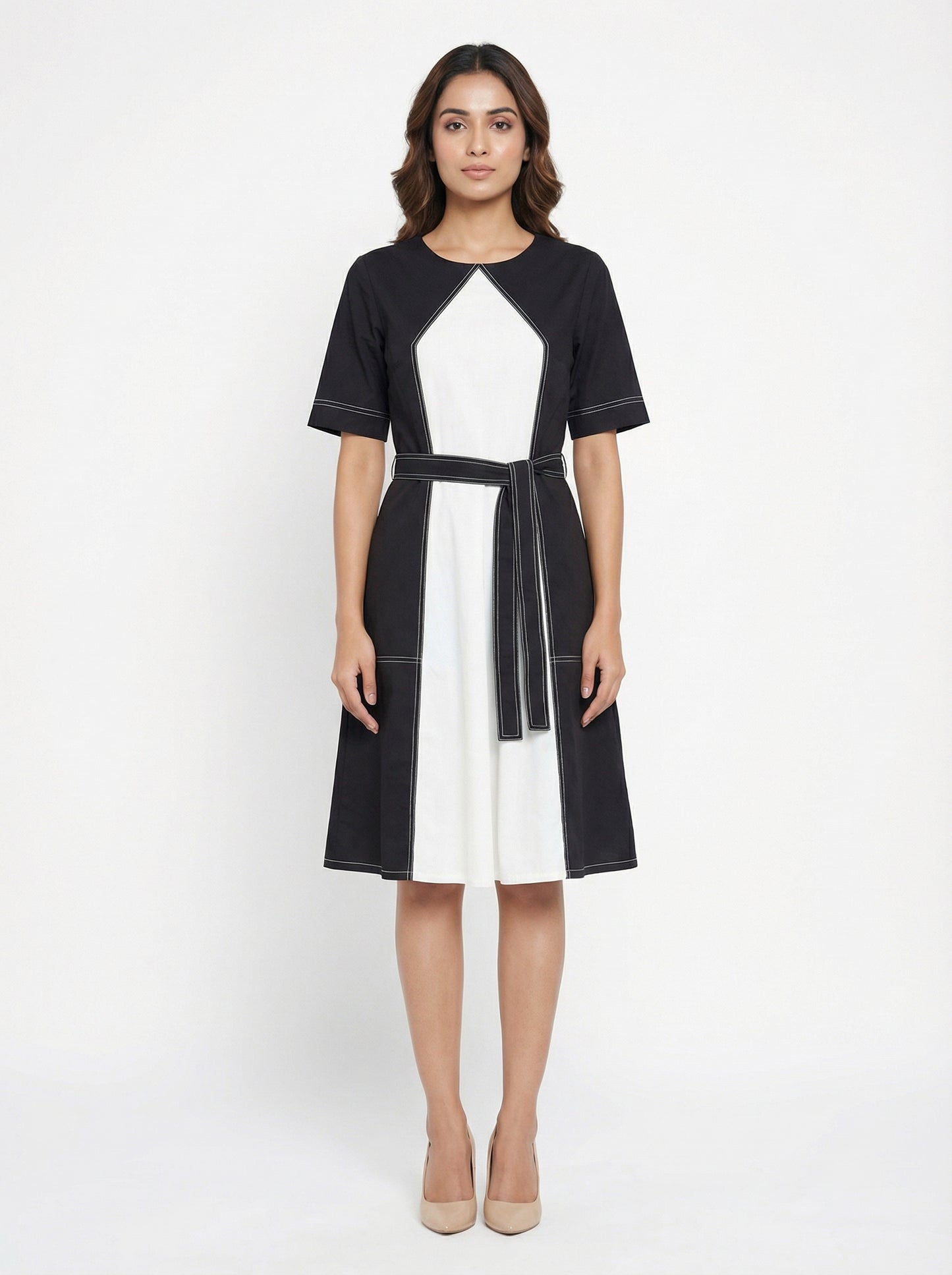 Monochrome Contrast-Panel Midi Dress Light Grey-White | Cool Bee