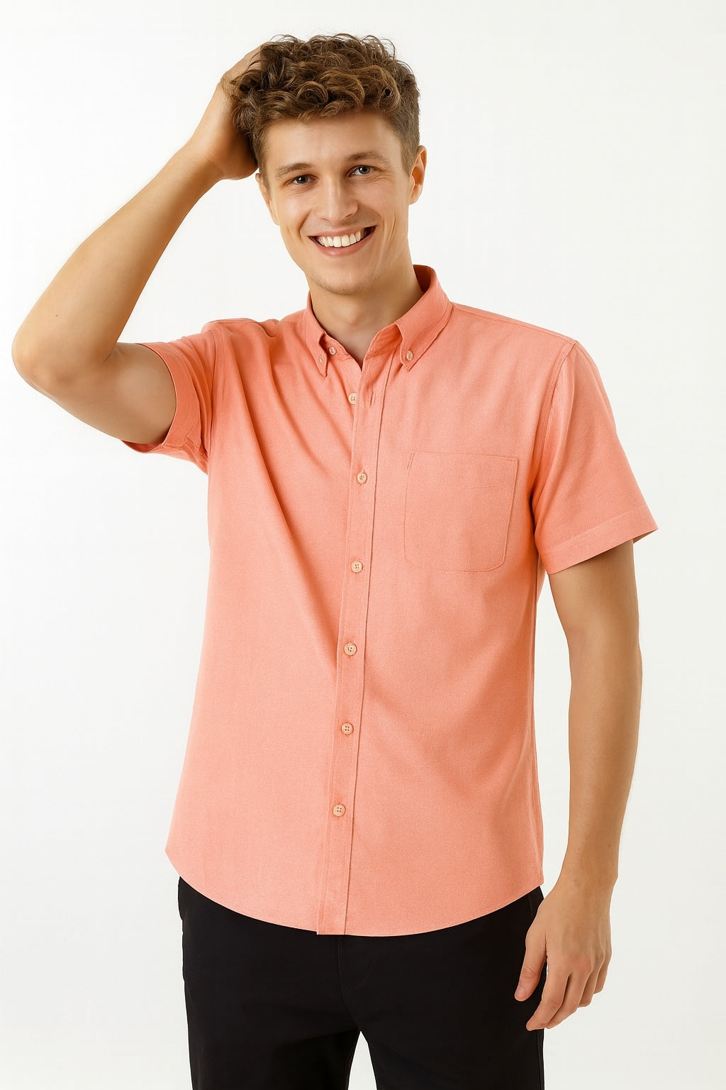 Cool Bee Premium Oxford Casual Half Shirt Peach for Men - Peach Premium Half Sleeve Oxford Shirt India