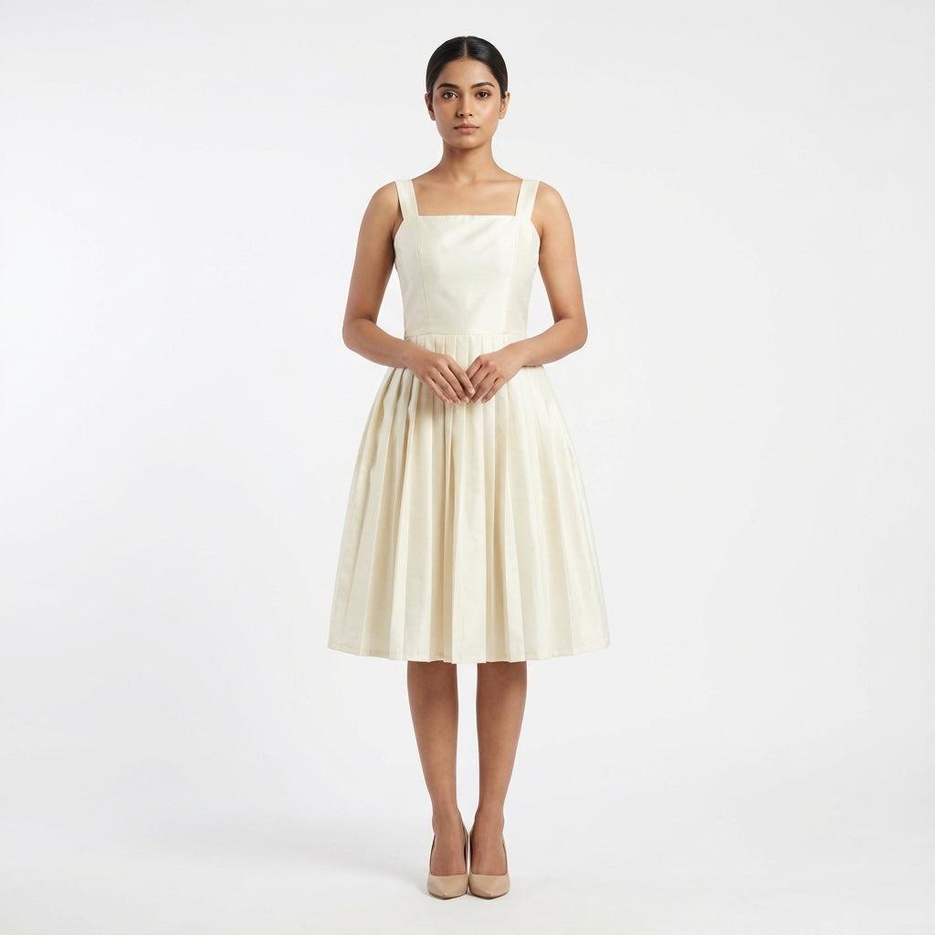 Timeless Elegance Ivory Pleated Midi Short Dress | Cool Bee