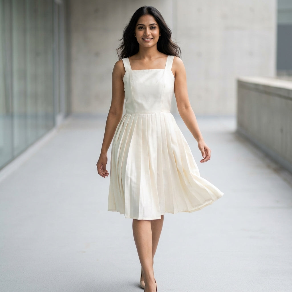 Timeless Elegance Ivory Pleated Midi Short Dress | Cool Bee