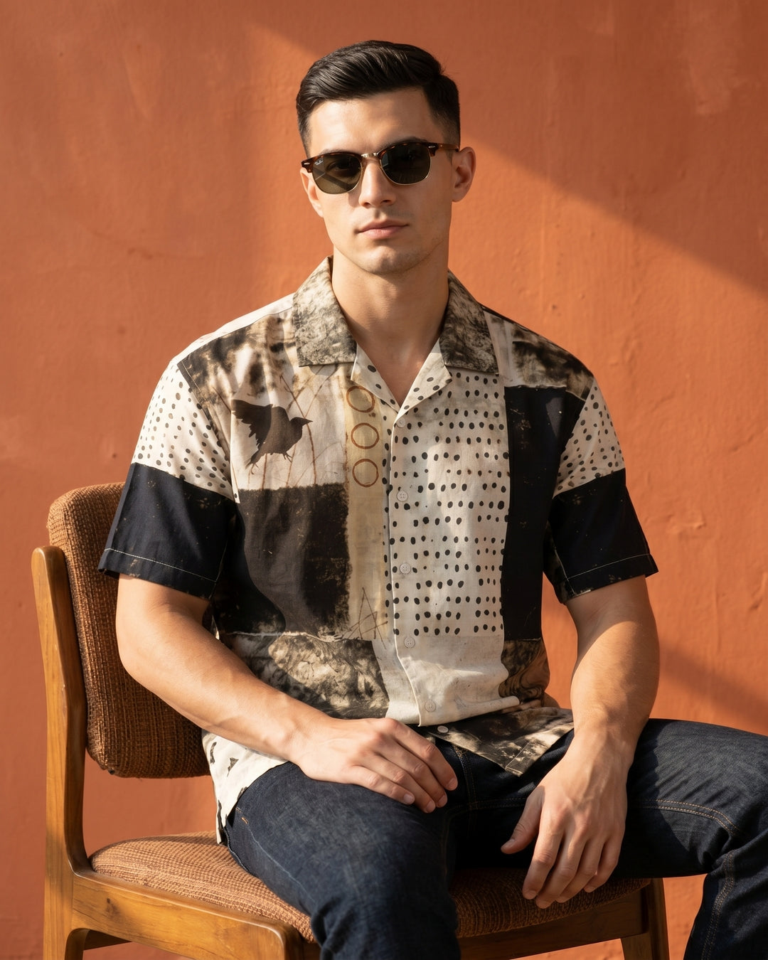 Cool Bee Charcoal Gridlock Camp Shirt for Men - Premium Mercerised Cotton Spread Collar Shirt India - Close-up Detail View