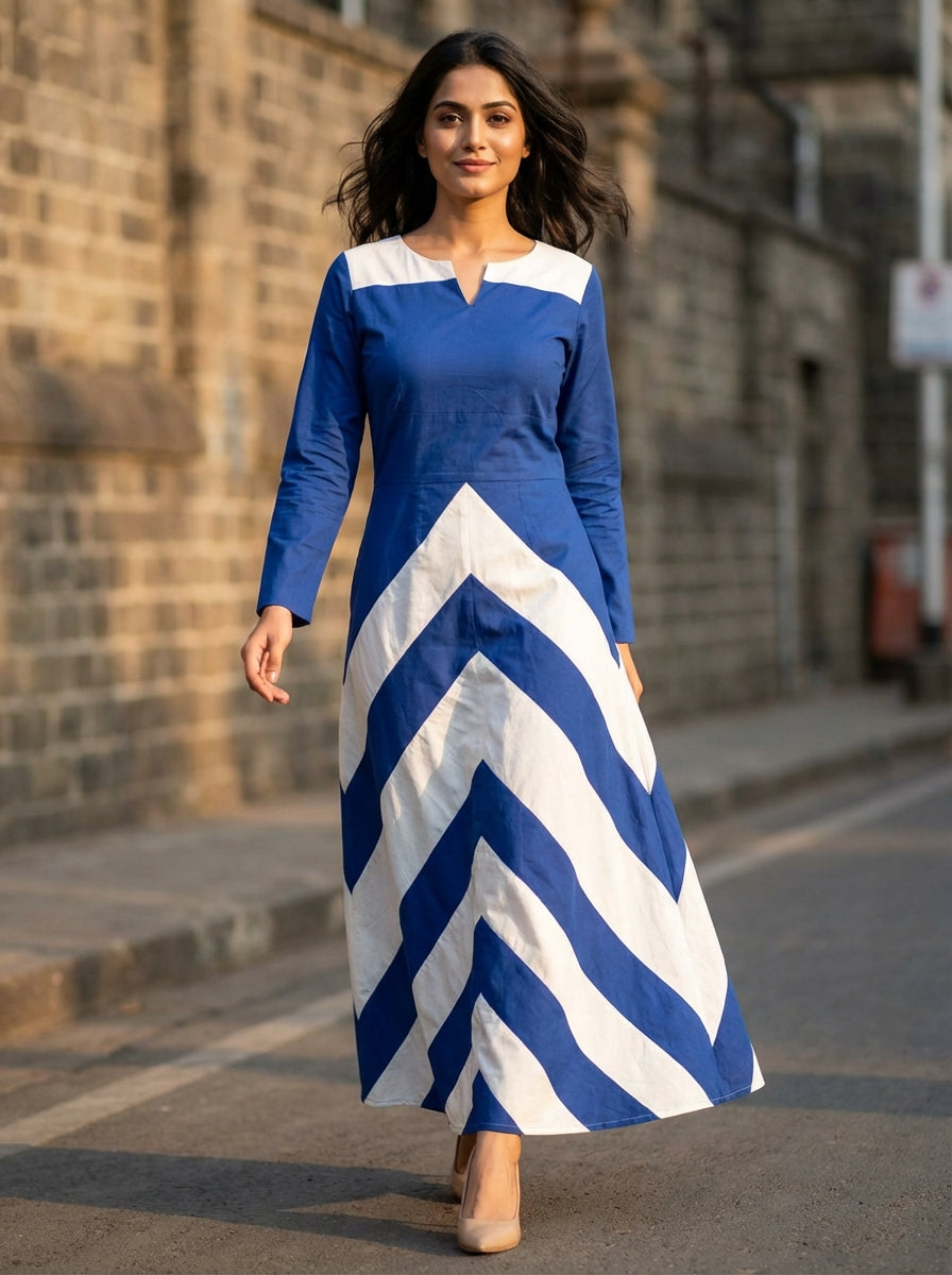 Elegant Midnight &amp; Marble Chevron Gown