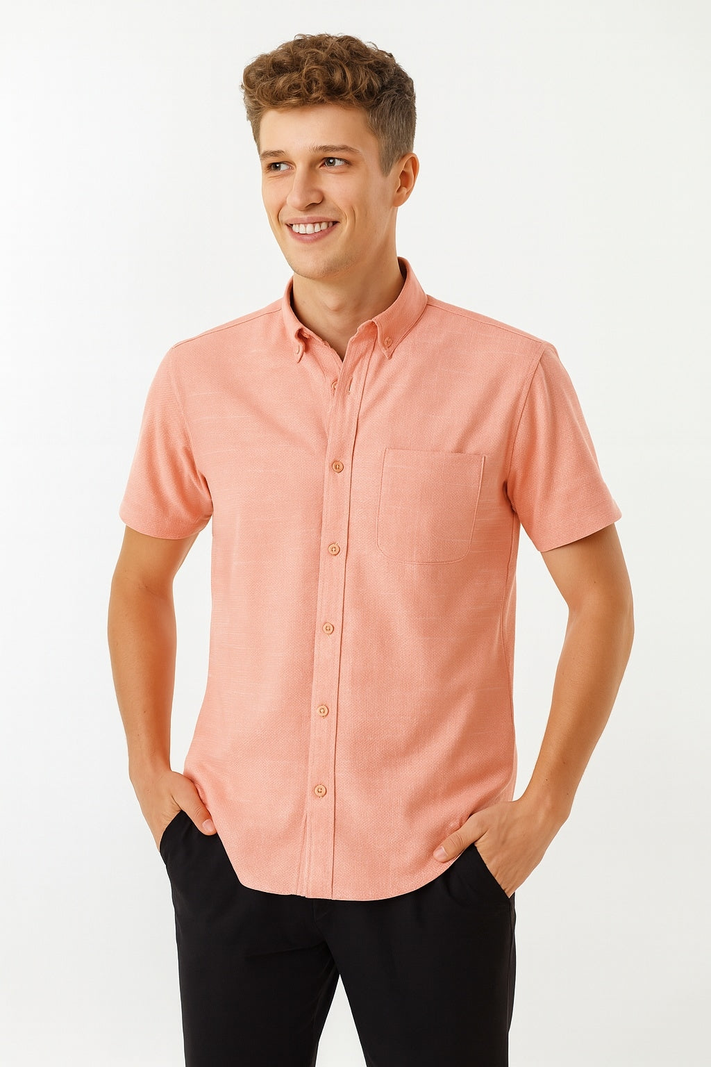 Cool Bee Premium Oxford Casual Half Shirt Peach for Men - Peach Premium Half Sleeve Oxford Shirt India - Lifestyle View
