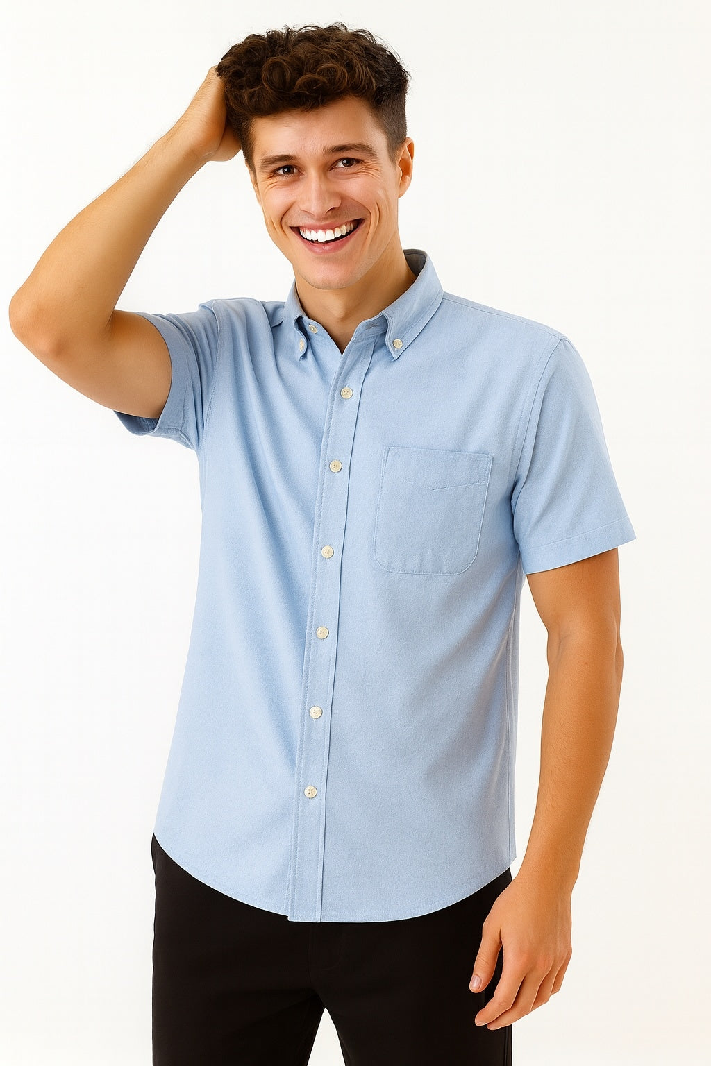 Cool Bee Premium Oxford Casual Half Shirt Light Blue for Men - Light Blue Premium Half Sleeve Casual Shirt India - Detail View