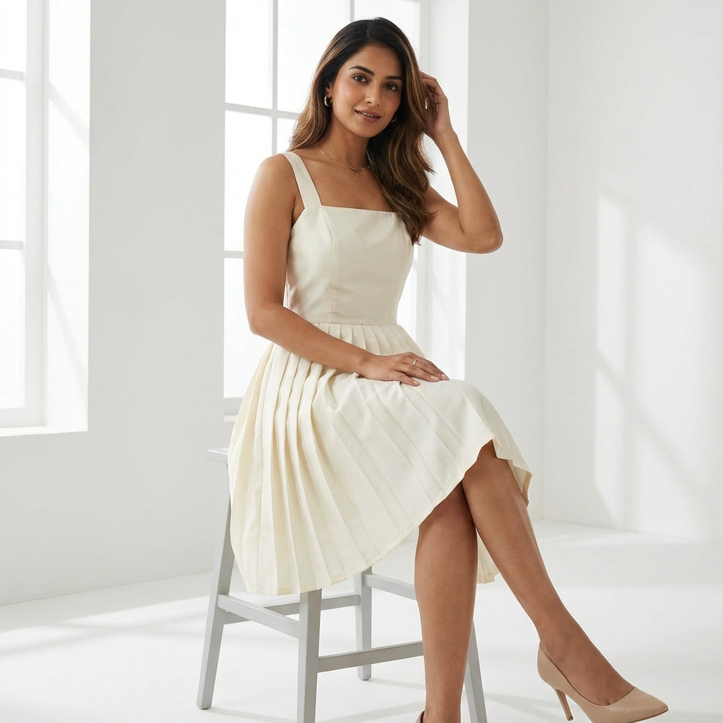 Timeless Elegance Ivory Pleated Midi Short Dress | Cool Bee