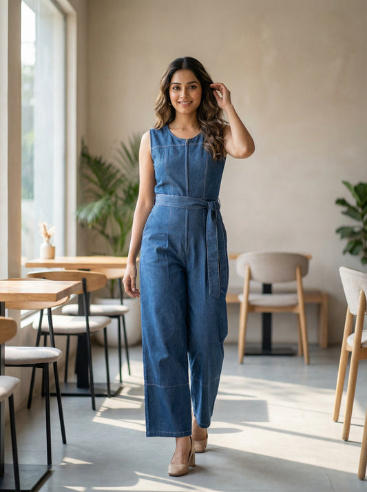 Sleek Utility Denim Jumpsuit – Indigo Wash