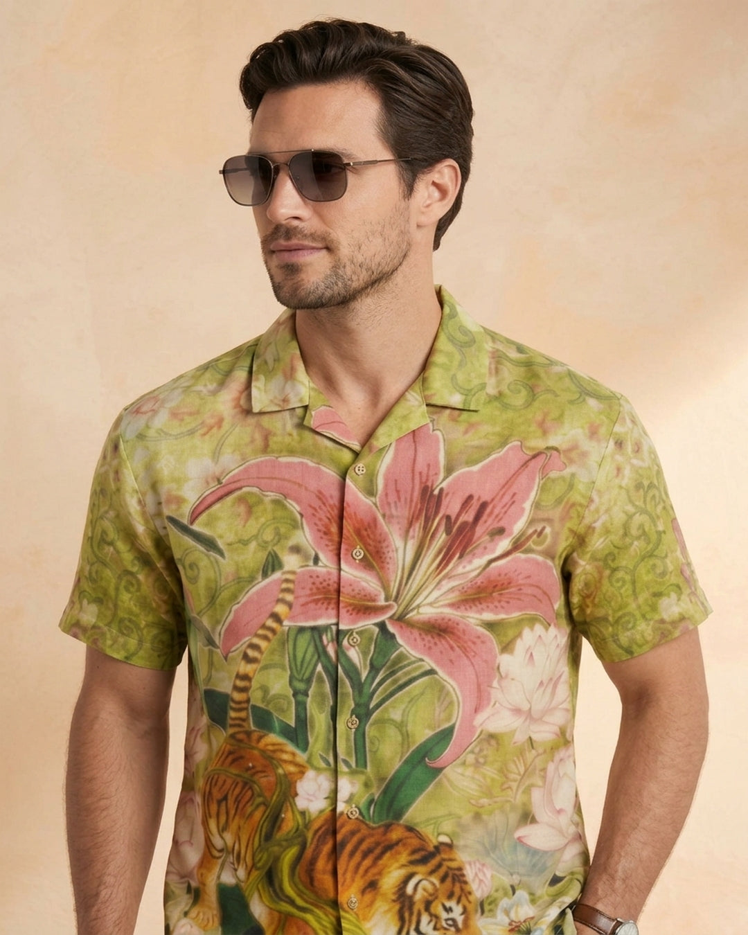 Cool Bee Wild Lotus Camp Shirt for Men - Premium Mercerised Cotton Spread Collar Shirt India - Detail View