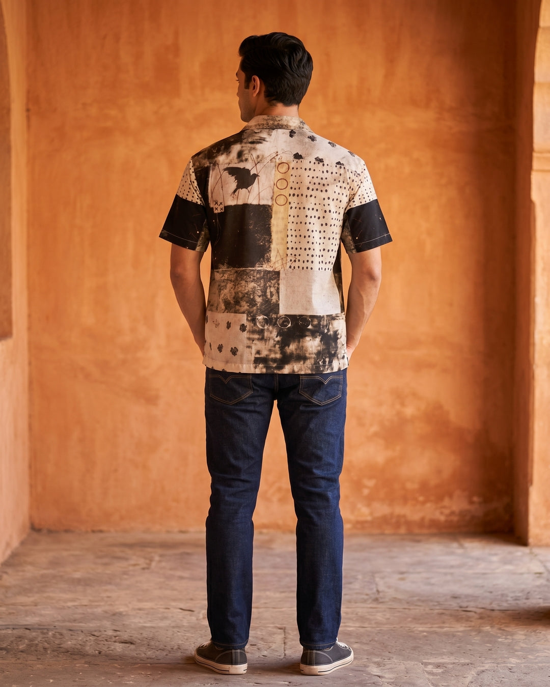 Cool Bee Charcoal Gridlock Camp Shirt for Men - Premium Mercerised Cotton Spread Collar Shirt India - Styled View