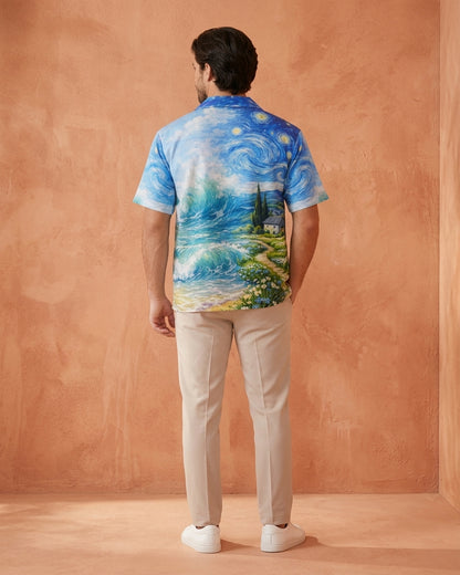 Cool Bee Cosmic Coastline Printed Shirt for Men - Premium Mercerised Cotton Spread Collar Shirt India - Close-up Detail View