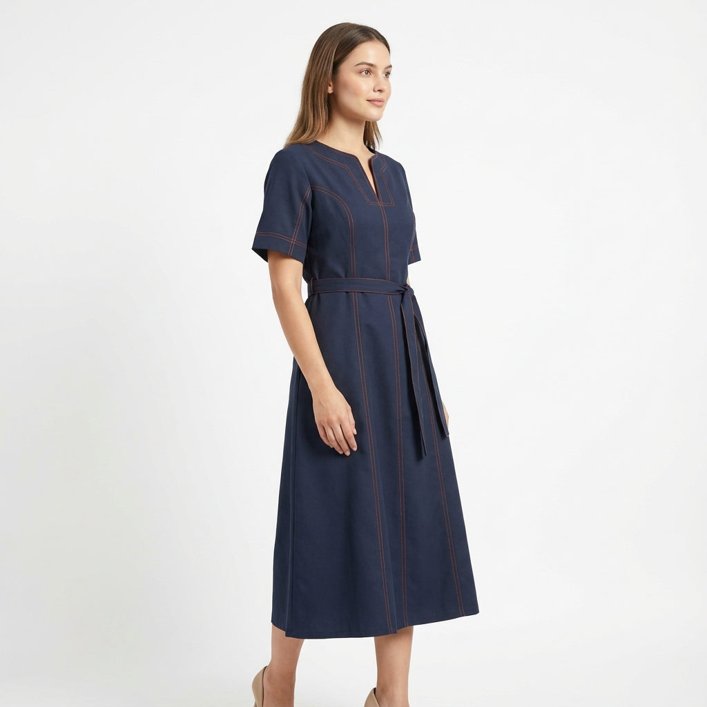 Crimson-Stitch Utility Midi Dress Navy Blue | Cool Bee